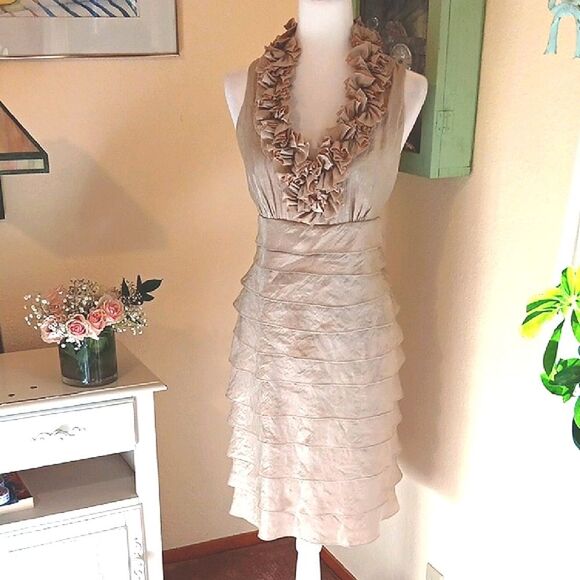 London Times Gold Ruffled and Layered Dress. Cocktail. Evening. Wedding. - Picture 9 of 9